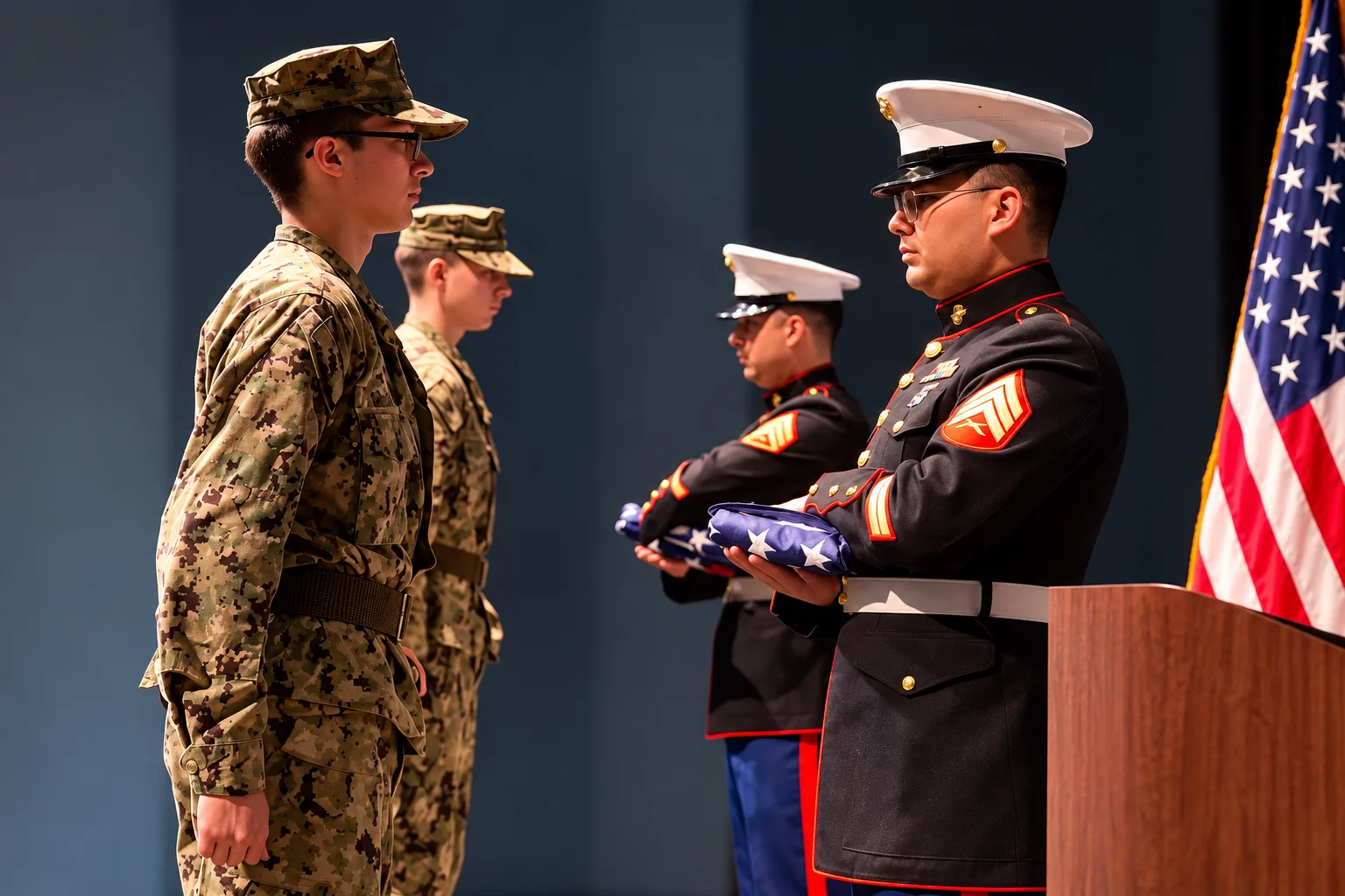 Marine presents a folded flag to a Sea Cadet